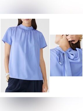 (NWT) J.Crew Mock Neck Back Tie Short Sleeves Satin Blouse Size XS In Periwinkle